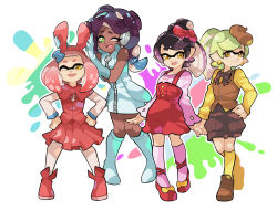 Rule 34 | + +, 4girls, adjusting another&#039;s clothes, alternate costume, alternate hairstyle, animal ears, ankle boots, beret, black hair, black skin, black socks, blunt bangs, boots, bow, bowtie, brown eyes, brown hair, brown hat, brown neckwear, brown shorts, brown vest, callie (splatoon), cephalopod eyes, colored skin, commentary, coveralls, crown, dark-skinned female, dark skin, dress, earrings, elbow gloves, english commentary, fake animal ears, footwear bow, gloves, gomipomi, gradient hair, green dress, green footwear, green gloves, hair bow, hair up, hands on own hips, hat, headphones, hello kitty, holding hands, inkling, jewelry, knee boots, kneehighs, loafers, long hair, long sleeves, looking at viewer, marie (splatoon), marina (splatoon), medium skirt, mole, mole under mouth, multicolored background, multicolored hair, multiple girls, my melody, nintendo, octoling, one eye closed, onegai my melody, open mouth, overall shorts, overalls, paint splatter, pantyhose, pearl (splatoon), pink hair, pink legwear, pink pupils, pink shirt, pleated skirt, puffy shorts, rabbit ears, red bow, red footwear, red skirt, red vest, sanrio, shirt, shoes, short coveralls, short dress, short hair, shorts, skirt, sleeveless, sleeveless dress, smile, socks, splatoon (series), splatoon 2, standing, tentacle hair, vest, white legwear, white shirt, yellow legwear, yellow shirt, zipper