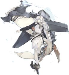 Rule 34 | 1girl, abyssal ship, anchor, belt, blue eyes, breasts, full body, hair over eyes, hammerhead shark, highres, jacket, kantai collection, konishi (koconatu), long hair, official art, pleated skirt, silver hair, skirt, smile, south pacific aircraft carrier princess, transparent background
