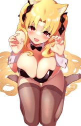 Rule 34 | 1girl, animal ears, bare shoulders, black leotard, blonde hair, blush, breasts, cat ears, cleavage, detached collar, ereshkigal (fate), fate/grand order, fate (series), highres, large breasts, leotard, long hair, looking at viewer, murio, open mouth, pantyhose, playboy bunny, red eyes, smile, solo, thighs, wrist cuffs