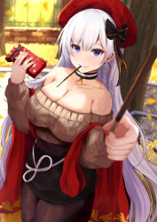 Rule 34 | 1girl, aran sweater, azur lane, belfast (azur lane), belfast (shopping with the head maid) (azur lane), beret, blurry, blurry foreground, blush, breasts, brown sweater, cable knit, choker, cleavage, collarbone, day, depth of field, earrings, food, giving, hat, highres, holding, holding food, hoop earrings, jewelry, kanzaki kureha, large breasts, long hair, looking at viewer, mouth hold, nail polish, off-shoulder sweater, off shoulder, outdoors, pantyhose, pocky, red nails, silver hair, skirt, smile, solo, sweater