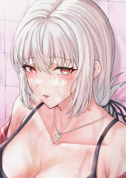 Rule 34 | 1girl, absurdres, blush, breasts, cleavage, collarbone, cross, cross necklace, fate/grand order, fate (series), florence nightingale (fate), grey hair, heart, heart-shaped pupils, highres, jewelry, kueru 1285, large breasts, lipstick mark, lipstick mark on neck, looking at viewer, necklace, red eyes, sidelocks, solo, symbol-shaped pupils, tile wall, tiles, upper body