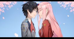 Rule 34 | 1boy, 1girl, absurdres, black hair, blonde hair, breasts, collared shirt, commentary request, darling in the franxx, facing another, from side, grey jacket, grey shirt, hair ornament, highres, hiro (darling in the franxx), jacket, long hair, long sleeves, medium breasts, parted lips, petals, red jacket, shirt, short hair, smile, tears, teeth, tree, upper body, yoshio (55level), zero two (darling in the franxx)