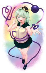 Rule 34 | 1girl, from above, full body, green eyes, green hair, hat, heart, highres, jewelry, komeiji koishi, loafers, looking at viewer, mini hat, oozon (ozon), open mouth, shoes, skirt, solo, standing, third eye, touhou