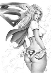 Rule 34 | 1girl, ass, breasts, cape, dc comics, from behind, gloves, grin, legs, lipstick, long hair, looking at viewer, makeup, panties, smile, solo, standing, supergirl, symbol, thighs, underwear