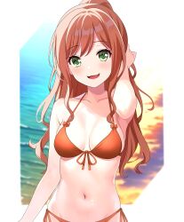 Rule 34 | 1girl, :d, adjusting hair, bang dream!, bikini, bow, breasts, breasts apart, brown hair, cloud, cloudy sky, collarbone, commentary, english commentary, fries vanquisher, front-tie bikini top, front-tie top, green eyes, groin, half updo, halterneck, highres, imai lisa, light blush, long hair, looking at viewer, medium breasts, navel, ocean, open mouth, orange bikini, side-tie bikini bottom, sidelocks, sky, smile, solo, stomach, string bikini, swimsuit, water