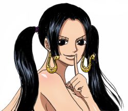 Rule 34 | 1girl, artist request, black hair, boa hancock, breasts, cleavage, large breasts, long hair, one piece, smile, source request, tagme