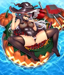 Rule 34 | 1girl, azur lane, bare shoulders, breasts, corset, deal with it (meme), floating, food, frills, halloween, hat, highres, inflatable toy, large breasts, lips, long hair, looking at viewer, looking over eyewear, looking over glasses, looking up, lucknight, meme, nail polish, pasties, prinz eugen (azur lane), see-through, silver hair, solo, spread legs, sunglasses, sweets, thighhighs, tinted eyewear, torpedo, turret, water, witch hat, yellow eyes