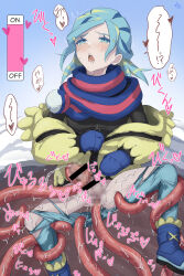 Rule 34 | 1boy, anal, black shirt, blue mittens, blue scarf, censored, commentary request, creatures (company), cum, ejaculation, eyelashes, game freak, green eyes, green hair, grusha (pokemon), heart, highres, jacket, kankaku shadan, long sleeves, male focus, male penetrated, min (myna8247), mittens, mosaic censoring, nintendo, off shoulder, open mouth, pants, penis, poke ball print, pokemon, pokemon sv, scarf, shirt, speech bubble, spread legs, striped clothes, striped scarf, stuck, teeth, tentaclejob, tentacles, tongue, translation request, upper teeth only, yellow jacket