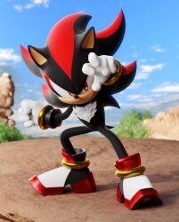 Rule 34 | 1boy, 3d, absurdres, artist request, blender (medium), dragon ball, dragonball z, fighting stance, gloves, gold ring, highres, jewelry, ladylunanova, looking at viewer, parody, red eyes, ring, shadow the hedgehog, simple background, smile, solo, sonic (series), spiked hair, trait connection, white footwear, white gloves