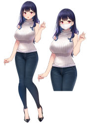 Rule 34 | 1girl, bare shoulders, blue hair, blush, bra visible through clothes, breasts, commentary request, denim, indie virtual youtuber, jeans, komachi haruka, large breasts, mask, mole, mole under mouth, mouth mask, multiple views, official art, open mouth, pants, popqn, red eyes, ribbed sweater, simple background, surgical mask, sweater, turtleneck, turtleneck sweater, virtual youtuber, white background