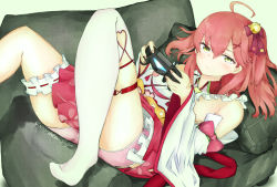 Rule 34 | 1girl, bell, blush, bow, clochetteravine, controller, couch, detached sleeves, floral print, game controller, green eyes, hair bell, hair ornament, hair ribbon, highres, holding, hololive, japanese clothes, kimono, long hair, long sleeves, looking at viewer, lying, nontraditional miko, pillow, pink hair, pink shorts, playing games, playstation controller, ponytail, print skirt, red skirt, ribbon, sakura miko, shorts, side ponytail, single thighhigh, skirt, sleeveless, sleeveless kimono, sony, thigh strap, thighhighs, video game, virtual youtuber, white kimono, white thighhighs, wide sleeves, x hair ornament