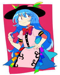 Rule 34 | 1girl, apron, black hat, blue hair, bow, bowtie, food, fruit, furukawa (yomawari), hand on own hip, hat, hinanawi tenshi, leaf, long hair, peach, puffy sleeves, rainbow order, red bow, red bowtie, red eyes, smile, solo, touhou, waist apron