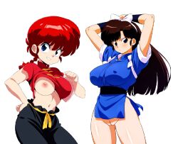 2girls breasts breasts_out cleft_of_venus clothed_female_nude_female kuonji_ukyou modeling multiple_girls nude nude_modeling pussy ranma-chan ranma_1/2