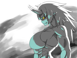 Rule 34 | 1girl, abs, bikini, bikini top only, black sclera, breasts, colored sclera, dream demon, earrings, horns, huge breasts, jewelry, long hair, muscular, oni, original, partially colored, pointy ears, profile, sideboob, solo, swimsuit, yellow eyes