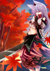 Rule 34 | 1girl, alternate hair length, alternate hairstyle, animal ears, autumn leaves, covering own mouth, detached sleeves, fingerless gloves, gloves, hat, highres, inubashiri momiji, long hair, midriff, misakura setsu, navel, red eyes, red scarf, scarf, silver hair, solo, sword, tokin hat, touhou, weapon, wolf ears