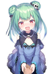 Rule 34 | 1girl, :d, animal print, bare shoulders, blue dress, blue hair, blush, butterfly print, detached sleeves, double bun, dress, drooling, earrings, fang, flat chest, gradient hair, green hair, hair bun, hair ornament, heart, heart background, heart in mouth, highres, holding hands, hololive, jewelry, looking at viewer, multicolored hair, open mouth, pov, pov hands, red eyes, saliva, short dress, short hair, simple background, skull earrings, skull hair ornament, smile, solo focus, topia, uruha rushia, uruha rushia (1st costume), virtual youtuber, white background