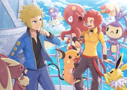 Rule 34 | 2boys, absurdres, afro, ambipom, black shirt, blonde hair, blue eyes, blue jacket, closed mouth, cloud, commentary request, creatures (company), day, drifblim, elite four, fence, flint (pokemon), game freak, gen 1 pokemon, gen 2 pokemon, gen 3 pokemon, gen 4 pokemon, gen 5 pokemon, gym leader, hand up, highres, jacket, jolteon, joltik, long sleeves, lopunny, multiple boys, nintendo, octillery, open clothes, open jacket, open mouth, outdoors, pants, pokemoa, pokemon, pokemon (creature), pokemon dppt, raichu, red hair, sand, shirt, shore, short sleeves, sky, smile, teeth, tongue, volkner (pokemon), water, wingull, yellow shirt