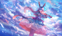 Rule 34 | 1girl, animal ears, brown hair, rabbit ears, cloud, cloudy sky, commentary, dress, dutch angle, flower, frilled dress, frills, gown, hair flower, hair ornament, headdress, instrument, light particles, long hair, looking at viewer, music, original, playing instrument, sakimori (hououbds), sky, solo, sunrise, violin, wind