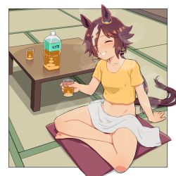 Rule 34 | 1girl, :d, animal ears, barefoot, blush, border, bottle, cup, closed eyes, full body, futon, grin, hair over one eye, holding, holding cup, horse ears, horse girl, horse tail, indian style, long hair, multicolored hair, navel, no panties, open mouth, ponytail, shirt, short sleeves, sitting, smile, solo, special cat, streaked hair, table, tail, teeth, toes, towel, umamusume, vodka (umamusume), white border, yellow shirt