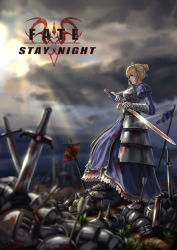 Rule 34 | 1girl, absurdres, ahoge, armor, armored dress, artoria pendragon (fate), blonde hair, blood, bloody weapon, copyright name, fate/stay night, fate (series), field, green eyes, highres, logo, ookuma (qq), saber (fate), sword, weapon