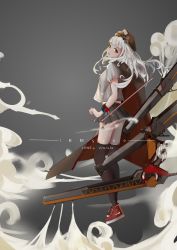 Rule 34 | 1girl, aliasing, arknights, artist name, black legwear, breasts, commentary request, dated, english text, hat, ibm5100 (artist), long hair, looking at viewer, nike (company), original, pleated skirt, red eyes, red footwear, short sleeves, silver hair, simple background, skirt, solo