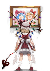Rule 34 | 1girl, :d, absurdres, back bow, blonde hair, blush, bobby socks, bow, crack, cracked glass, crystal, facing away, fang, flandre scarlet, full body, happy, hat, hat bow, highres, holding, holding weapon, laevatein (touhou), legs apart, mob cap, niseneko (mofumofu ga ienai), one side up, open mouth, picture frame, puffy short sleeves, puffy sleeves, red bow, red vest, remilia scarlet, short sleeves, skirt, skirt set, smile, socks, solo, standing, touhou, vest, wall, weapon, wings, wrist cuffs
