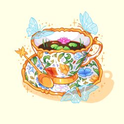 Rule 34 | artist name, bug, charongess, commentary, concept art, cup, english commentary, lily pad, no humans, original, porcelain, simple background, sparkle, spoon, tea, teacup, transparent butterfly, yellow background