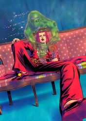 Rule 34 | 1boy, breasts, couch, dutch angle, foreshortening, hat, highres, jojo no kimyou na bouken, keiimajima02, large breasts, leone abbacchio, lipstick, long hair, makeup, male focus, moody blues (stand), red eyes, red hair, red lips, sitting, solo, spread legs, stand (jojo), vento aureo