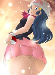 Rule 34 | 1girl, ass, ball, beanie, blue eyes, blue hair, breasts, creatures (company), dawn (pokemon), dmayaichi, dress, evening, game freak, gen 4 pokemon, hair ornament, hairclip, hat, highres, holding, holding ball, huge ass, long hair, looking at viewer, nintendo, no panties, open mouth, poke ball, pokemon, pokemon dppt, poketch, red scarf, scarf, simple background, small breasts, solo, sparkle, watch, white hat, wristwatch