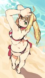 Rule 34 | 1girl, absurdres, ahoge, arms up, ass, bare shoulders, beach, bikini, blonde hair, dimples of venus, fate (series), from behind, full body, green eyes, highres, long hair, looking at viewer, looking back, nero claudius (fate), nero claudius (fate) (all), nero claudius (swimsuit caster) (fate), ocean, sand, shadow, sidelocks, smile, solo, striped bikini, striped clothes, swimsuit, twintails, water, whoopsatro