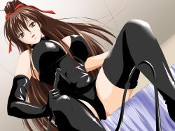 Rule 34 | 1girl, android type c, bdsm, berry&#039;s, black gloves, breasts, brown eyes, brown hair, corset, dominatrix, elbow gloves, femdom, game cg, gloves, high heels, large breasts, latex, latex gloves, long hair, ribbon, shoes, solo, suzuhira hiro, thighhighs, tune up!!, whip