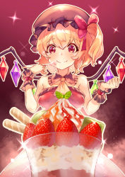 Rule 34 | 1girl, amano hagoromo, ascot, blonde hair, breasts, commentary request, crystal, cup, detached collar, dress, eating, flandre scarlet, food, fruit, glint, hair between eyes, hands up, hat, highres, holding, holding spoon, ice cream, mob cap, off-shoulder dress, off shoulder, parfait, red background, red dress, red eyes, short hair, small breasts, smile, solo, sparkle background, spoon, strawberry, touhou, wafer stick, white hat, wings, wrist cuffs, yellow ascot