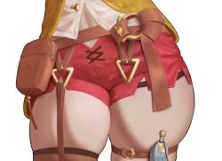 Rule 34 | 1girl, absurdres, atelier (series), atelier ryza, atelier ryza 2, belt, brown belt, close-up, highres, leather belt, pokinha, pouch, red shorts, reisalin stout, shirt, short shorts, shorts, skindentation, solo, thick thighs, thighs, vest, vial, white shirt, yellow vest