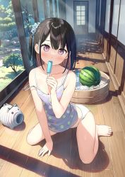 Rule 34 | 1girl, arm support, bare arms, bare legs, bare shoulders, black hair, blush, bra, bra strap, breasts, building, camisole, cleavage, collarbone, dappled sunlight, day, detexted, door, dot nose, food, food in mouth, fruit, grass, hair ornament, hair scrunchie, hand up, highres, holding, holding food, ice, kantoku, looking at viewer, midriff, no pants, original, panties, pink eyes, popsicle, popsicle in mouth, scrunchie, shadow, shizuku (kantoku), short hair, side ponytail, sidelocks, sitting, small breasts, solo, strap slip, sunlight, third-party edit, toes, tree, underwear, wariza, watermelon, white bra, white panties, wooden floor