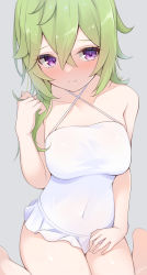 Rule 34 | 1girl, alternate costume, bare arms, bare shoulders, blush, breasts, closed mouth, collarbone, collei (genshin impact), covered navel, criss-cross halter, crossed bangs, frilled one-piece swimsuit, frilled swimsuit, frills, genshin impact, green hair, grey background, hair between eyes, halterneck, hand on own thigh, hand up, highres, holding, holding own hair, knees out of frame, looking at viewer, medium breasts, medium hair, one-piece swimsuit, purple eyes, raised eyebrows, sidelocks, simple background, sitting, solo, swimsuit, thighs, wariza, white one-piece swimsuit, xlyami