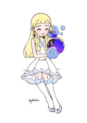 1girl :d absurdres blonde_hair blue_shoes braid closed_eyes collared_dress commentary_request cosmog creatures_(company) dress earrings eyelashes game_freak gen_7_pokemon happy highres hiyokko2min holding holding_pokemon jewelry kneehighs knees legendary_pokemon lillie_(pokemon) long_hair nintendo no_headwear open_mouth pokemon pokemon_(creature) pokemon_sm shoes signature simple_background sitting sleeveless sleeveless_dress smile socks twin_braids white_background white_dress white_socks