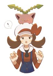 Rule 34 | !, 1girl, :o, blue overalls, blush, bow, brown eyes, brown hair, cabbie hat, closed mouth, commentary request, creatures (company), cropped torso, game freak, gen 2 pokemon, hands up, hat, hat bow, highres, hoppip, long hair, long sleeves, looking up, lyra (pokemon), nintendo, on head, open mouth, overalls, pokemon, pokemon (creature), pokemon hgss, pokemon on head, red bow, red shirt, shirt, simple background, smile, spoken exclamation mark, toe miyama, twintails, upper body, white background, white headwear, yellow eyes