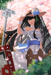 Rule 34 | absurdres, arm up, bare arms, bare shoulders, black bow, black hair, blue flower, blue ribbon, bow, brown eyes, brown hat, bush, cherry blossoms, choker, commentary, commentary request, detached sleeves, dress, fence, flower, flower hat, frilled dress, frilled sleeves, frills, girls&#039; frontline, green hair, green hat, happy, hat, hat bow, head tilt, headphones, highres, holding, holding clothes, holding hat, long dress, long hair, looking to the side, m4a1 (girls&#039; frontline), m4a1 (mod3) (girls&#039; frontline), mod3 (girls&#039; frontline), multicolored hair, neckwear request, newspaper, newspaper box, open mouth, outdoors, partial commentary, petals, pink flower, pole, puffy sleeves, ribbon, road sign, sidelocks, sign, smile, solo, standing, strapless, strapless dress, straw hat, sundress, tree, very long hair, waistband, weapon case, white choker, white dress, wjn-rance, wooden fence, wristband