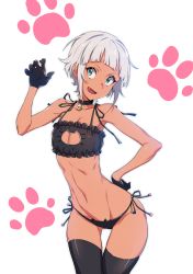 Rule 34 | 1girl, androgynous, aqua eyes, bell, black gloves, black thighhighs, blunt bangs, cat cutout, cat ear panties, cat lingerie, choker, claw pose, cleavage cutout, clothing cutout, dark-skinned female, dark skin, fang, flat chest, gloves, hand on own hip, highres, jingle bell, meme attire, narrow waist, navel, nora (supernew), open mouth, original, panties, short hair, side-tie panties, smile, solo, supernew, tan, thighhighs, underwear, underwear only, white hair