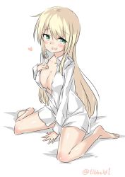 Rule 34 | 10s, 1girl, atago (kancolle), bad id, bad twitter id, bare legs, barefoot, between legs, blonde hair, blush, breasts, buttons, cleavage, collarbone, collared shirt, ebifurya, eyebrows, full body, green eyes, hair between eyes, hand between legs, hand on own chest, heart, highres, inactive account, kantai collection, long hair, long sleeves, looking at viewer, medium breasts, naked shirt, no bra, no pants, open clothes, open mouth, open shirt, shirt, sidelocks, simple background, sitting, solo, wariza, white background, white shirt