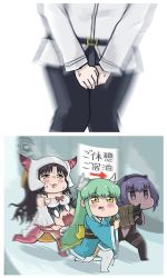 Rule 34 | 10s, 1boy, 2koma, 3girls, black hair, blush, bodysuit, bound, bound legs, carrying, chaldea uniform, chibi, comic, commentary request, crossed legs, crotch grab, drooling, facial mark, fate/extra, fate/extra ccc, fate/grand order, fate/prototype, fate/prototype: fragments of blue and silver, fate (series), forehead mark, fujimaru ritsuka (male), green hair, hassan of serenity (fate), highres, horns, japanese clothes, jitome, kimono, kiyohime (fate), multiple girls, myanmar (tenrai ha), open mouth, purple eyes, purple hair, sessyoin kiara, thighhighs, tied up (nonsexual), tongue, tongue out, yellow eyes, you gonna get raped