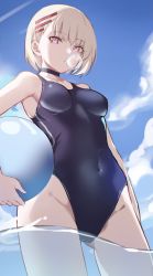 Rule 34 | 1girl, bad id, bad twitter id, bare shoulders, blush, breasts, blowing bubbles, chewing gum, competition swimsuit, highres, looking at viewer, medium breasts, one-piece swimsuit, original, purple eyes, short hair, solo, spider apple, swimsuit, thighs, white hair