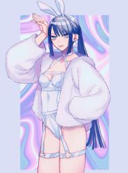 Rule 34 | 1girl, :p, abstract background, animal ears, arm up, black hair, blunt bangs, blunt ends, border, chest harness, closed mouth, coat, cowboy shot, earrings, fake animal ears, fake tail, fate/grand order, fate (series), fishnet pantyhose, fishnets, fur coat, grey border, grey eyes, grey nails, hand on own hip, harness, highleg, highleg leotard, holographic clothing, hoop earrings, jewelry, jing ke (fate), kanitama (putyourhead), leotard, long hair, long sleeves, looking at viewer, multicolored background, nail polish, o-ring, o-ring harness, open clothes, open coat, outside border, pantyhose, playboy bunny, ponytail, rabbit, rabbit ears, rabbit tail, smirk, solo, strapless, strapless leotard, tail, tongue, tongue out, very long hair, white coat, white leotard, white pantyhose