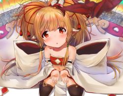 Rule 34 | 10s, 1girl, animal ears, bandeau, bare shoulders, black thighhighs, blonde hair, breasts, collarbone, detached sleeves, earrings, feathers, from above, granblue fantasy, hair ornament, harvin, highres, jewelry, long hair, looking at viewer, mahira (granblue fantasy), midriff, navel, open mouth, rain yadori, red eyes, sitting, small breasts, solo, thighhighs, wide sleeves