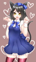 Rule 34 | 1girl, animal ears, black hair, cat ears, cat tail, highres, open mouth, original, paw pose, purple thighhighs, short hair, smile, solo, tail, thighhighs, yellow eyes, yutazou