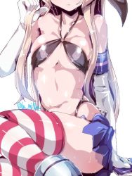 Rule 34 | 10s, 1girl, bikini, black bikini, blonde hair, blue skirt, breasts, elbow gloves, gloves, head out of frame, kantai collection, long hair, medium breasts, miuku (marine sapphire), navel, shimakaze (kancolle), simple background, skirt, solo, striped clothes, striped thighhighs, swimsuit, thighhighs, twitter username, white background, white gloves