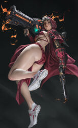 Rule 34 | 1girl, absurdres, ass, asymmetrical gloves, bikini, breasts, fire, from below, gauntlets, gloves, gun, handgun, highres, holding, holding weapon, hood, large breasts, mismatched gloves, original, red bikini, revolver, shoes, short hair, shoulder cannon, sideboob, simple background, single gauntlet, sneakers, swimsuit, thick thighs, thighs, underboob, vergilhoo, weapon, white sneakers