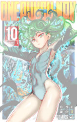 Rule 34 | 1girl, 2boys, black sclera, colored sclera, curly hair, flat chest, genos, green eyes, green hair, highres, multiple boys, one-punch man, saitama (one-punch man), tatsumaki, thighs, third-party edit, wide hips