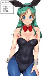 Rule 34 | 1girl, animal ears, bare shoulders, blue eyes, blush, bow, bowtie, breasts, breasts apart, bulma, cameltoe, cleavage, closed mouth, covered erect nipples, covered navel, cowboy shot, dragon ball, dragonball z, eyebrows, fake animal ears, female focus, green hair, hair over shoulder, hand on own thigh, highres, legs, legs apart, leotard, long hair, looking at viewer, measurements, pantyhose, playboy bunny, puffy nipples, rabbit ears, sakuradou, shiny skin, simple background, small breasts, smile, solo, standing, stomach, strapless, thighs, white background, wrist cuffs