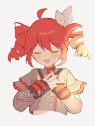 Rule 34 | 1girl, ahoge, buttons, closed eyes, cropped torso, double-breasted, drill hair, facing viewer, grey jacket, hair ribbon, hands on own chest, highres, jacket, kasane teto, kasane teto (sv), long sleeves, open mouth, own hands together, red hair, ribbon, simple background, smile, solo, synthesizer v, tananuki, twin drills, twitter username, upper body, utau, white background